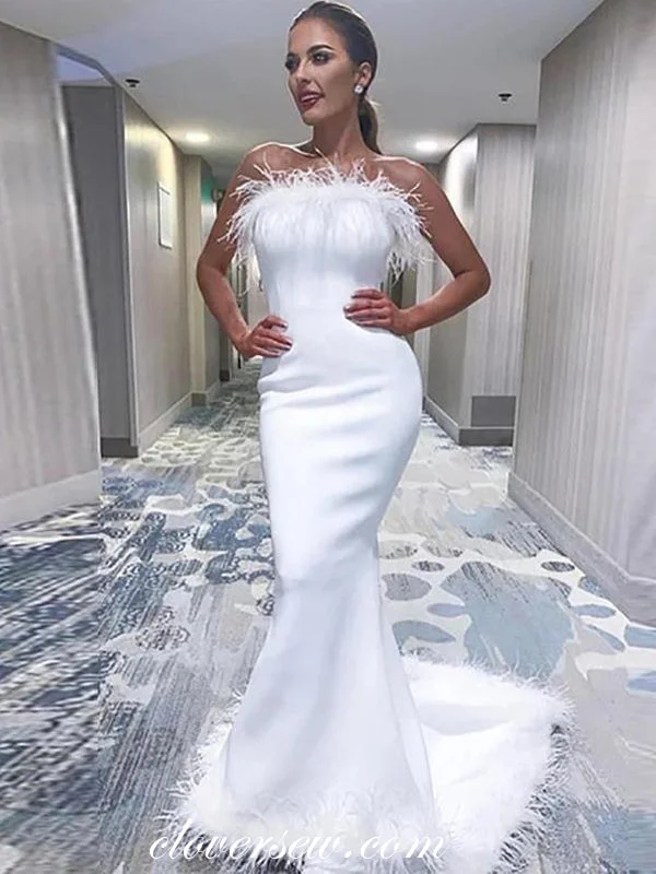 Fashion Satin With Feather Strapless Mermaid Sexy Wedding Dresses  ,CW0117