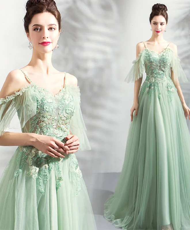 Green Tulle Off Shoulder Long Prom Dress, Green Tulle Evening Dress