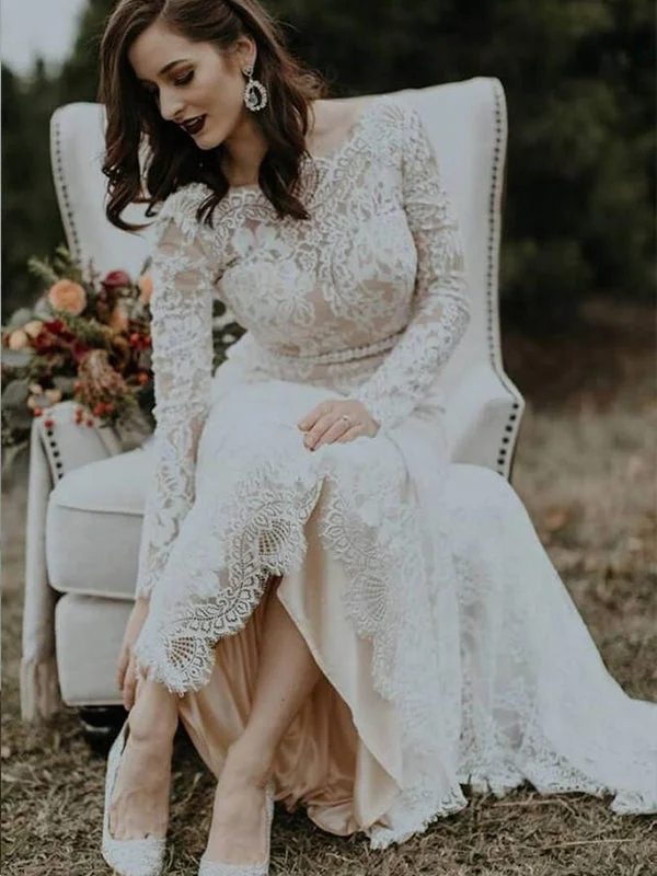 Long Sleeves Vintage Wedding Dress Backless Rustic Lace Wedding Dress YSJ1990