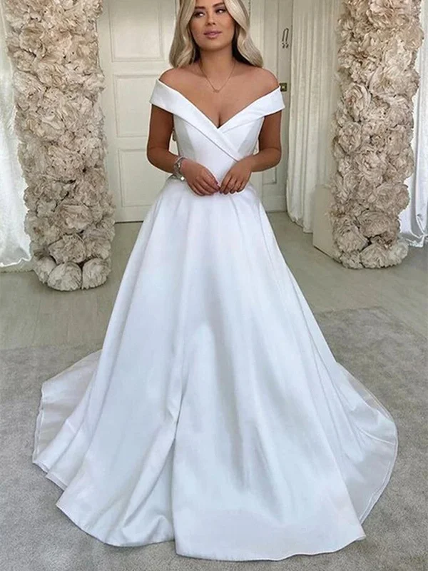 Off Shoulder White Satin Long Prom Dresses, Off the Shoulder White Formal Dresses, White Evening Dresses