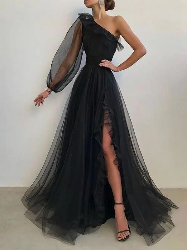 One Shoulder Black Tulle Long Prom Dresses, Black Tulle One Shoulder Long Formal Graduation Dresses