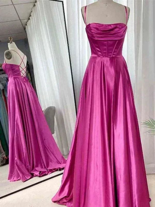 Open Back Fuchsia Satin Ruched Long Prom Dress, Long Fuchsia Formal Graduation Evening Dress