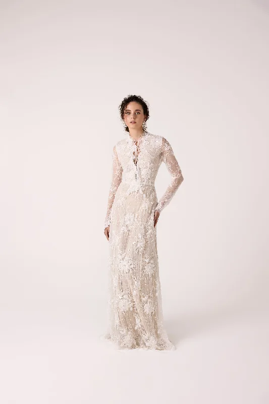 Romantic Sparkling Lace Dress with Nude Undertone and Long Sleeves