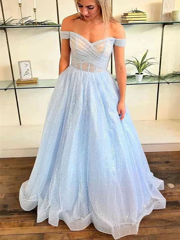 Shiny Tulle Off Shoulder Blue/Pink Long Prom Dress, Blue/Pink Formal Graduation Evening Dress