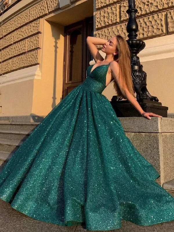 Shiny V Neck Green Prom Dresses, V Neck Long Green Formal Graduation Dresses