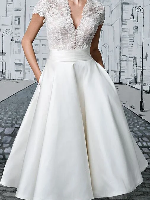 Short Wedding Dresses V-neck Lace Tea-length Ivory Simple Vintage Bridal Gown JKW258