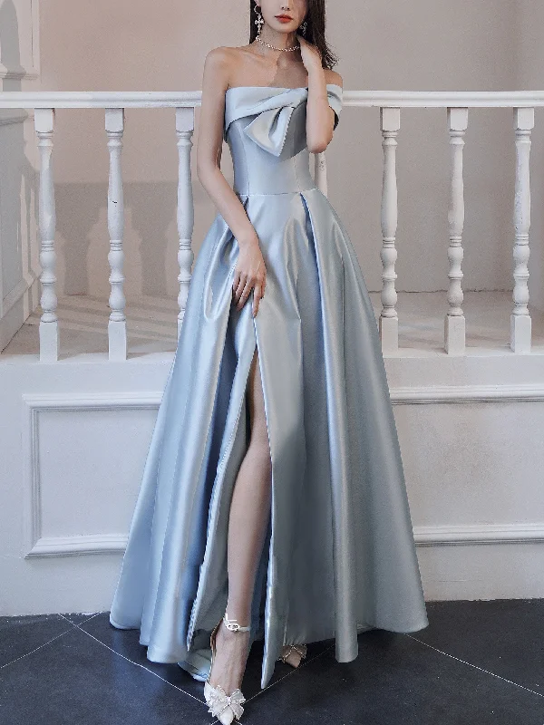 Simple Blue Satin Long Prom Dress, Blue Formal Evening Dress