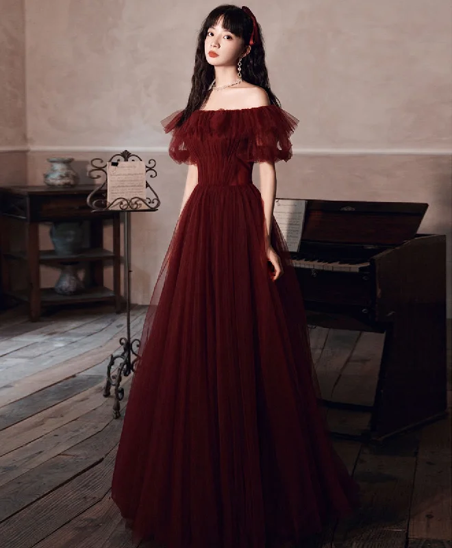 Simple Burgundy Off Shoulder Tulle Long Prom Dress Burgundy Evening Dress