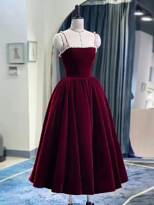 Simple burgundy tea length prom dress, burgundy homecoming dress