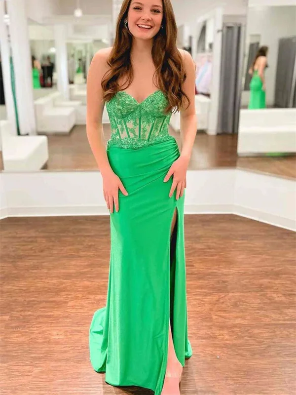 Strapless Mermaid Green Lace Long Prom Dress with High Slit, Mermaid Green Formal Dress, Green Lace Evening Dress