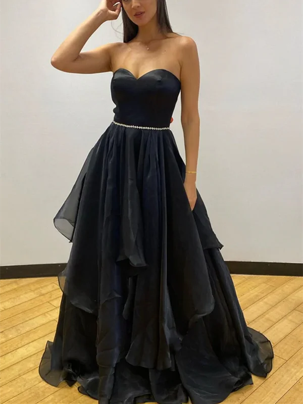 Sweetheart Neck Open Back Black Tulle Long Prom Dress, Strapless Black Formal Graduation Evening Dress