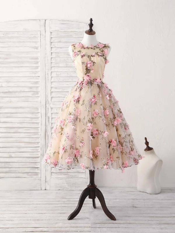 Unique Champagne 3D Applique Short Prom Dress Cute Homecoming Dress