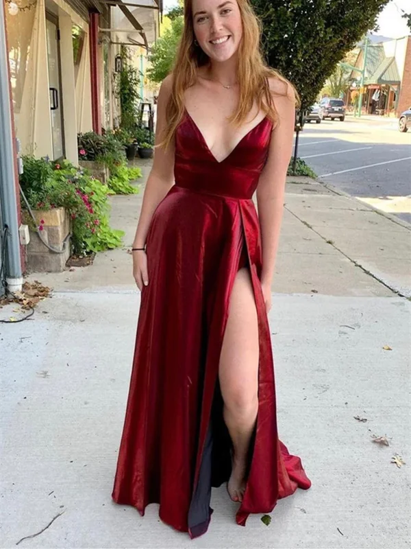 V Neck Backless Burgundy Satin Long Prom Dresses, Backless Burgundy Formal Graduation Evening Dresses