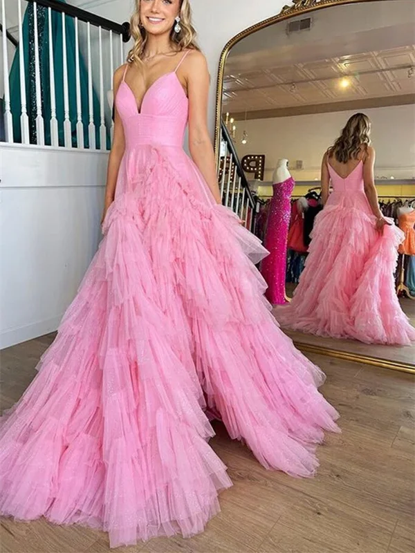 V Neck Open Back Pink Tulle Long Prom Dresses, V Neck Pink Formal Dresses, Long Pink Evening Dresses