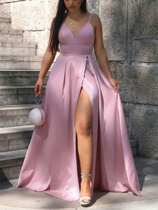 V Neck Pink Satin Long Prom Dresses, V Neck Pink Satin Long Formal Evening Dresses