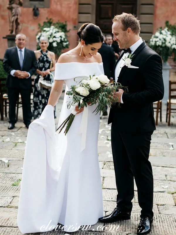 White Satin Off The Shoulder Open Back Mermaid With Train Wedding Dresses, CW0013